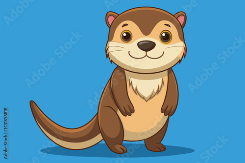 A charming cartoon otter stands upright with a joyful expression, displaying its soft, brown fur and friendly demeanor against a vibrant blue background, evoking happiness.
