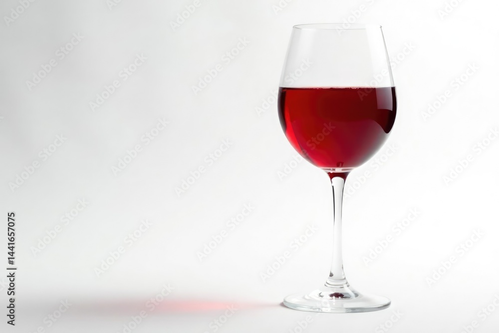 Elegant glass of ruby red wine against pure white backdrop, grapes, background Elegant glass of ruby red wine against pure white backdrop, grapes, background