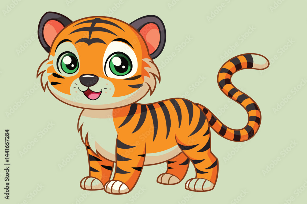 A cheerful cartoon tiger stands with a playful expression, its bright orange fur adorned with black stripes, surrounded by a calming light green backdrop. A cheerful cartoon tiger stands with a playful expression, its bright orange fur adorned with black stripes, surrounded by a calming light green backdrop.