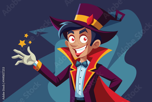 The magician captivates the crowd, showcasing an enchanting trick with a playful smile, dressed in vibrant attire that adds to the magical atmosphere.