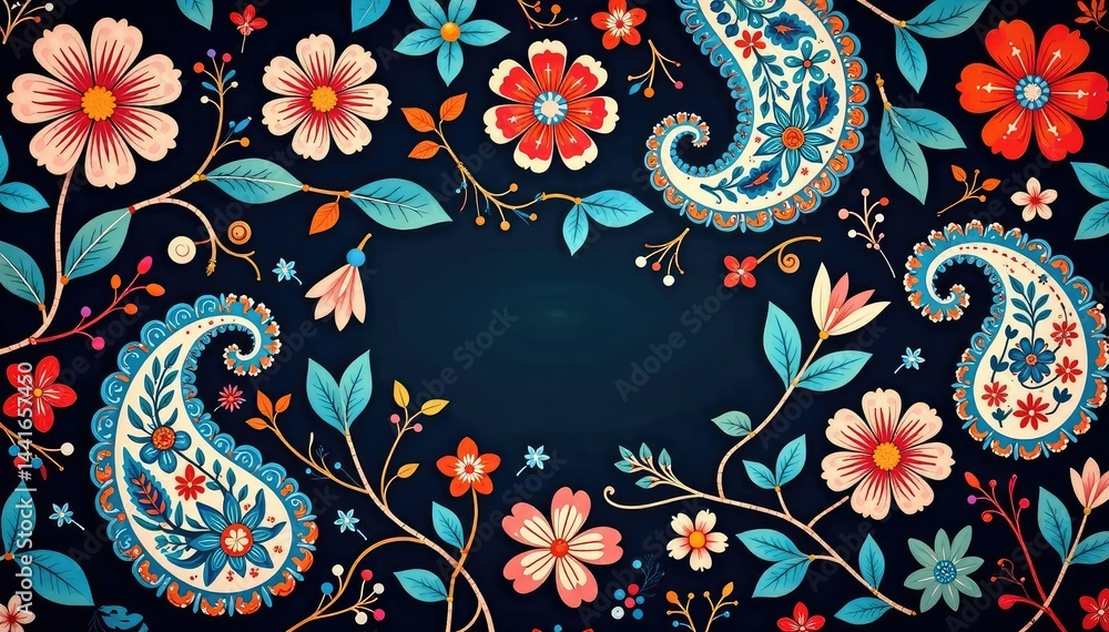 Intricate paisley pattern, swirling vines and floral motifs , background, floral, wrapping Intricate paisley pattern, swirling vines and floral motifs , background, floral, wrapping