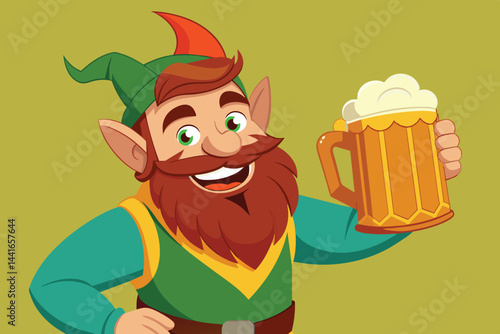 A happy gnome with a red and green hat and a bushy beard joyfully raises a mug of beer with froth spilling over, perfect for a fun, celebratory occasion.
