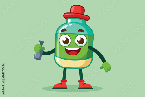 A vibrant cartoon character shaped like a bottle smiles while holding a test tube in one hand, radiating warmth and playfulness in a bright green setting.