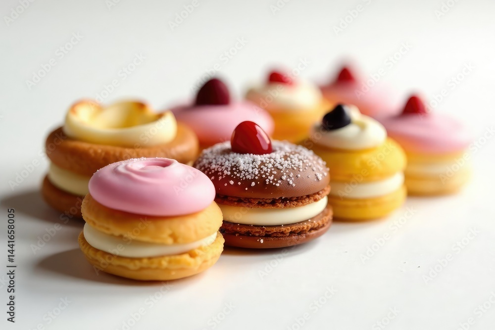 Elegant pastry assortment, delicate sweets, pure white backdrop, sweet, white