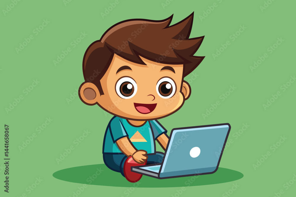 A young boy sits on the green floor, happily interacting with his laptop while dressed in a colorful shirt and red shoes, immersed in his digital adventure. A young boy sits on the green floor, happily interacting with his laptop while dressed in a colorful shirt and red shoes, immersed in his digital adventure.