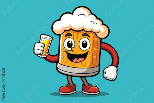 A cartoon beer character stands with a friendly smile, holding a glass of beer. The vibrant blue background enhances the playful, cheerful atmosphere.