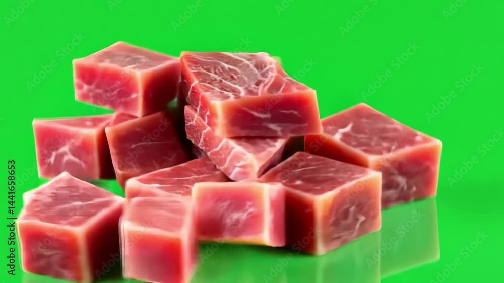 Fresh Raw Red Meat Cubes on Vibrant Green Background for Culinary and Food Photography Fresh Raw Red Meat Cubes on Vibrant Green Background for Culinary and Food Photography