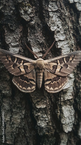 Moth on tree bark, nature close-up, woodland background, wildlife photography