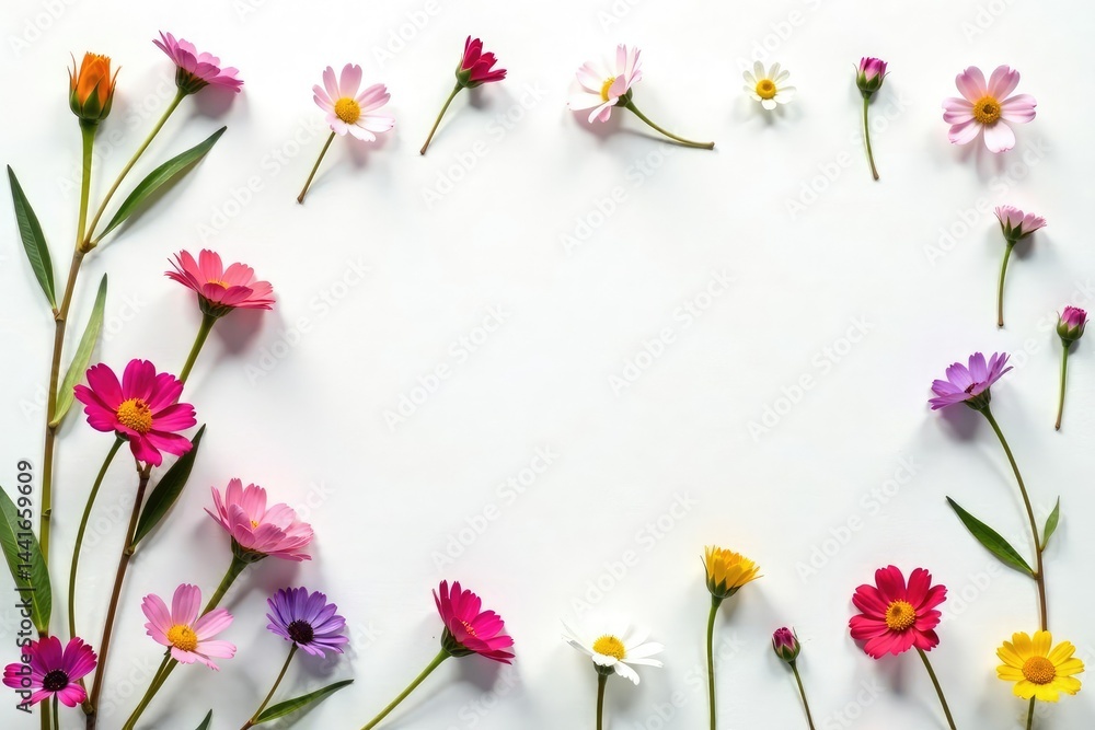 Dainty wildflowers scattered across a white canvas, blossoms, petals, flowers