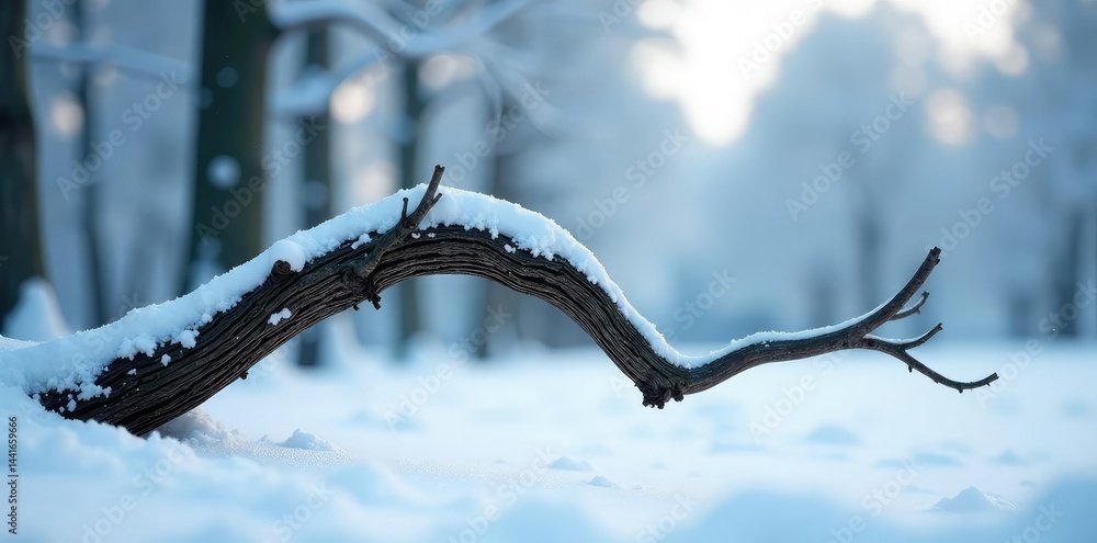Twisted and gnarled branch against a snowy backdrop, isolated, frozen