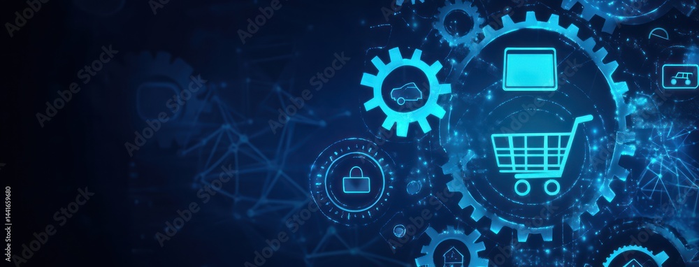 Obraz premium Digital network of interconnected e-commerce systems.