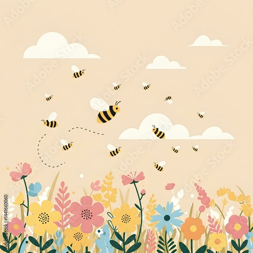 Busy Bees Flying Over a Vibrant Wildflower Meadow