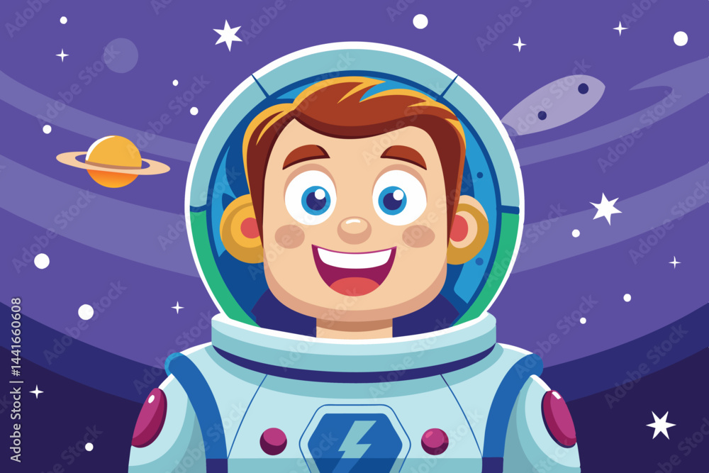 A joyful astronaut in a space suit beams with happiness while surrounded by vibrant planets and twinkling stars, immersed in an adventurous cosmic setting. A joyful astronaut in a space suit beams with happiness while surrounded by vibrant planets and twinkling stars, immersed in an adventurous cosmic setting.