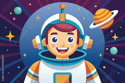 An enthusiastic astronaut in a space suit smiles against a vibrant cosmic backdrop filled with planets and twinkling stars, capturing the joy of space exploration.