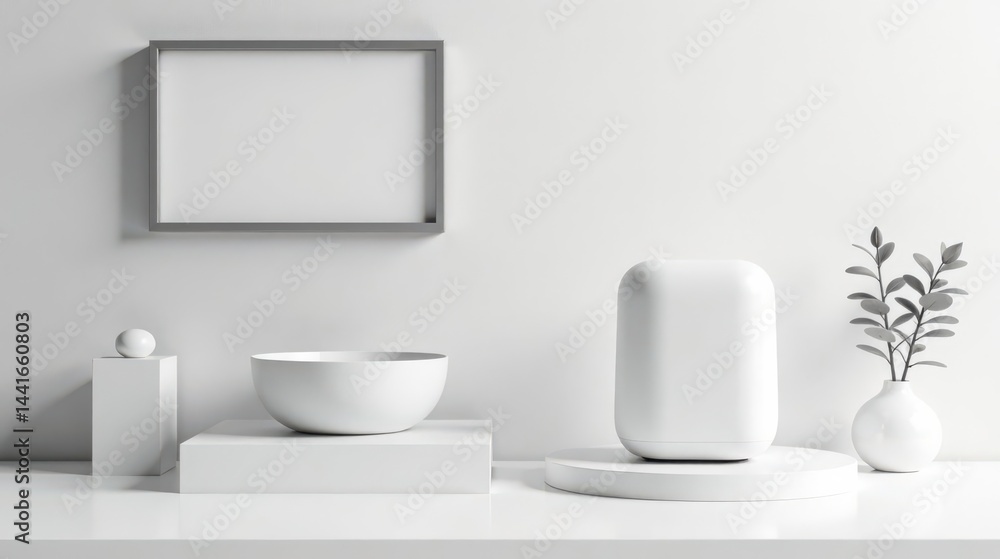 Minimalist White Interior Design Scene Featuring Simple Geometric Shapes and a Decorative Plant Minimalist White Interior Design Scene Featuring Simple Geometric Shapes and a Decorative Plant