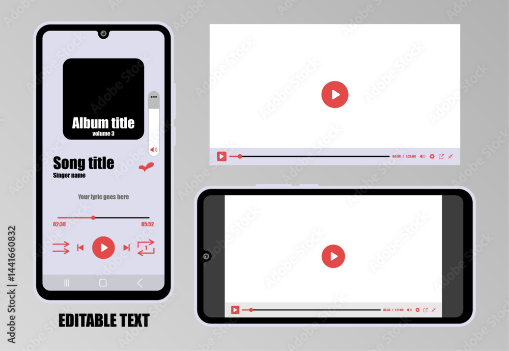 Mobile music and video player interface set with editable text. Vector illustration. EPS 10 Mobile music and video player interface set with editable text. Vector illustration. EPS 10