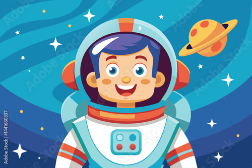 A joyful astronaut with a blue helmet smiles widely, surrounded by vibrant stars and a distant planet, inspiring dreams of adventure in the cosmos.