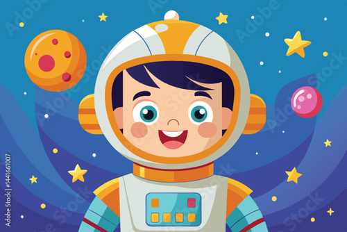 A cheerful child dressed in a vivid space suit stands against a fantastical backdrop of colorful planets and twinkling stars, capturing a moment of exploration and joy.