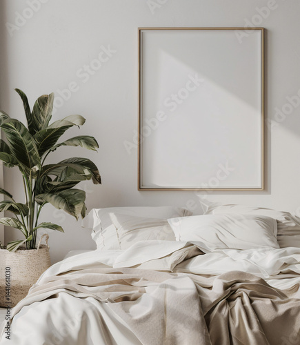 Frame mockup poster hanging on the white wall in the scandinavian bed room with decoration