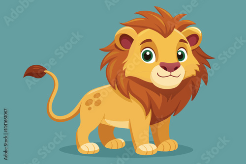 A cheerful cartoon lion stands on a solid background, featuring large green eyes and a fluffy mane, perfect for kids' content or themed projects.