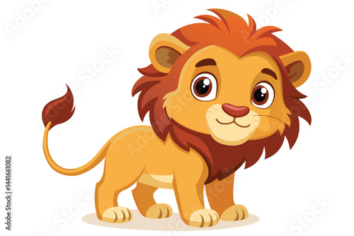 A cheerful cartoon lion with bright eyes and a fluffy mane stands confidently, perfect for engaging children's storytelling or educational resources.