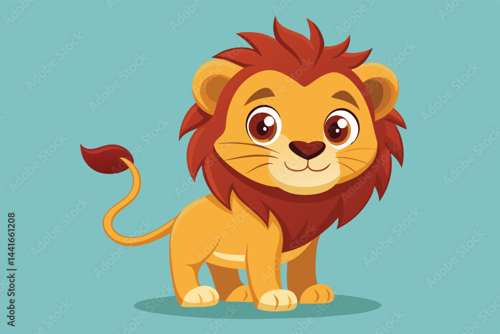 Obraz premium This cartoon lion features a warm smile and bright colors, embodying a playful personality that will delight both children and adults alike in a whimsical setting.