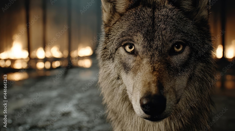 Fototapeta premium Endangered species struggling with climate change impact concept. A close-up of a wolf in a forest affected by wildfires.
