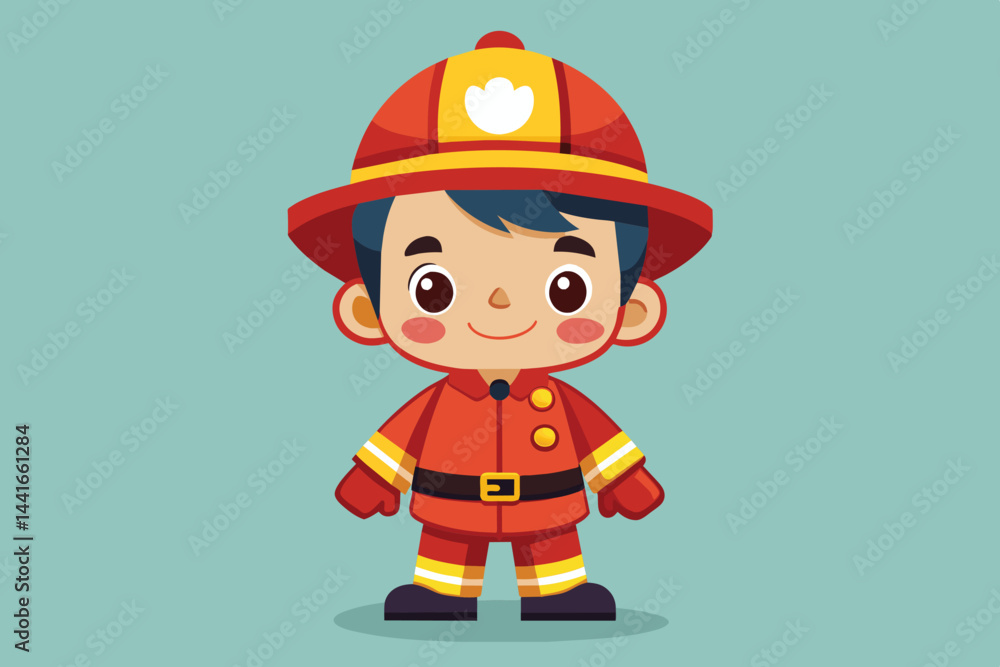 A young child smiles confidently while dressed in a bright red firefighter outfit complete with a helmet, gloves, and safety gear, ready for adventure. A young child smiles confidently while dressed in a bright red firefighter outfit complete with a helmet, gloves, and safety gear, ready for adventure.