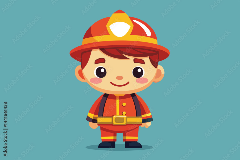 A young firefighter character dressed in a red uniform and helmet smiles warmly, embodying bravery and dedication against a soft blue backdrop. A young firefighter character dressed in a red uniform and helmet smiles warmly, embodying bravery and dedication against a soft blue backdrop.