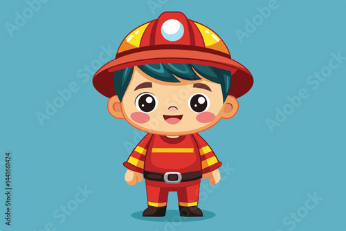 A cheerful young boy is dressed in a bright red firefighter uniform with yellow stripes and a matching helmet, ready for imaginative adventures.