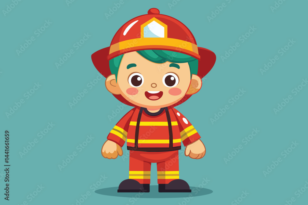 A joyful child stands confidently in a bright red firefighter uniform with yellow stripes and a matching helmet, showcasing creativity and enthusiasm for firefighting. A joyful child stands confidently in a bright red firefighter uniform with yellow stripes and a matching helmet, showcasing creativity and enthusiasm for firefighting.