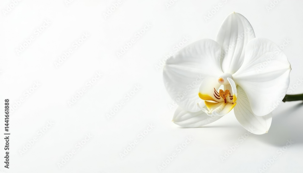 Delicate white orchid blossom against pure white backdrop, delicate, botanical
