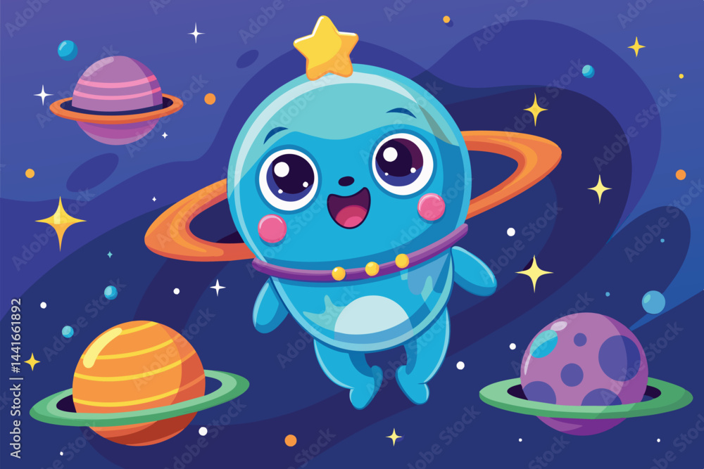 Naklejka premium A cheerful blue character with big eyes and a star on its head happily floats in the vastness of space, surrounded by vibrant planets and twinkling stars.
