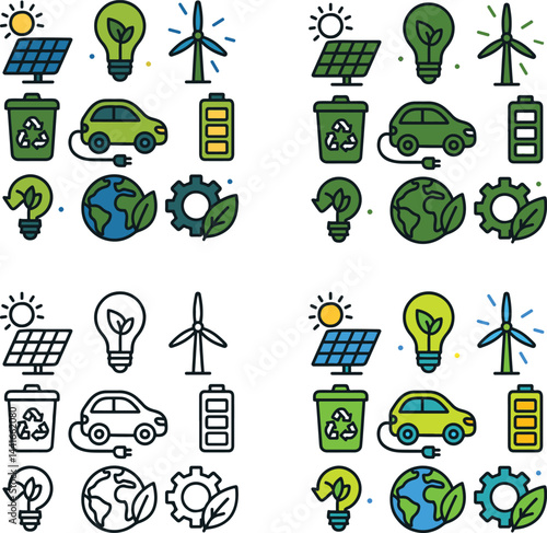 Clean energy and sustainability icons representing eco-friendly technologies and environmental responsibility. Includes silhouette and colored versions
