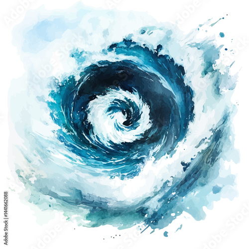 Tropical Cyclone Churning Over The Ocean, vector watercolor illustration, isolated on a white background.