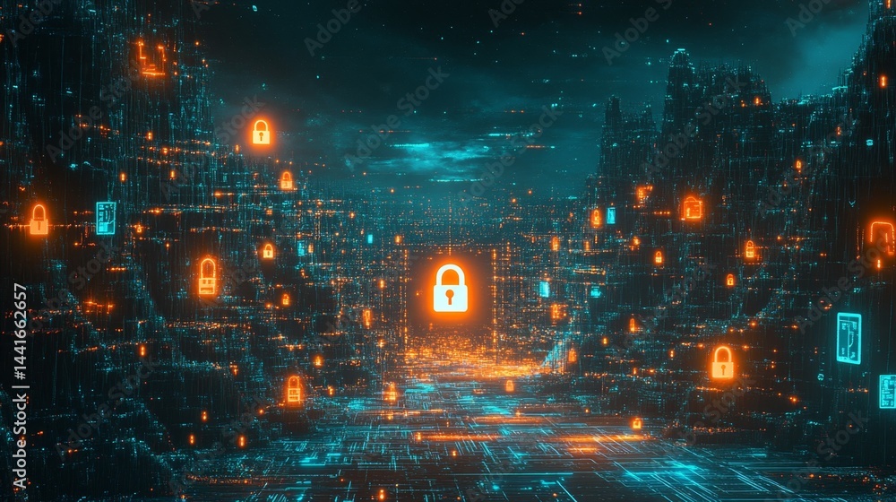 Fototapeta premium Cybersecurity innovations in digital landscapes virtual world graphic art futuristic environment aerial view protection concepts