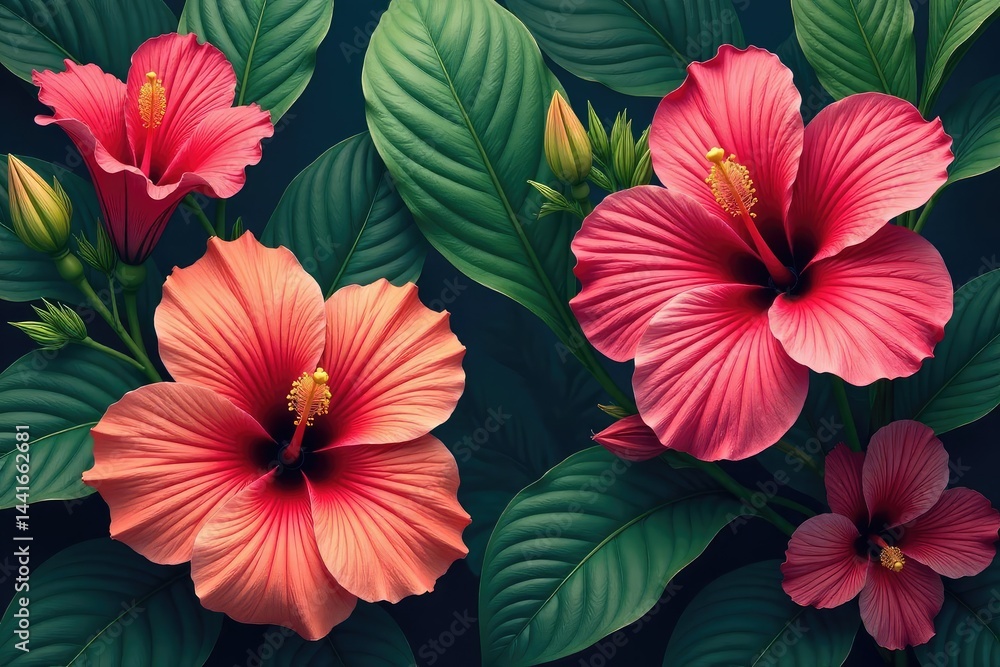 Bold, large-scale hibiscus blooms, lush tropical leaves, vibrant colors, colorful, design, background