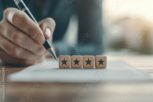 A hand holds a pen near four wooden blocks with stars, symbolizing rating, review, or evaluation on a desk.
