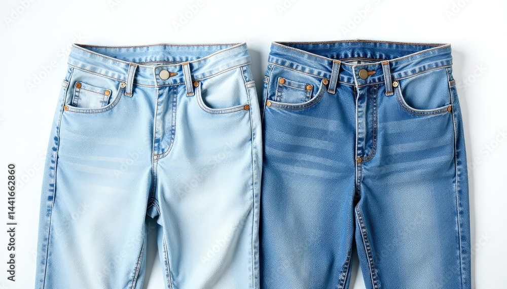 Light wash denim jeans, neatly arranged on pure white , isolated, fabric