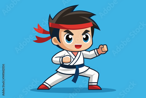 A cheerful young martial artist, wearing a white karate gi with a blue belt, showcases a dynamic fighting stance, displaying enthusiasm and energy.