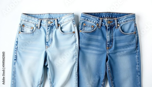 Obraz na płótnie Light wash denim jeans, neatly arranged on pure white , isolated, fabric w salonie
