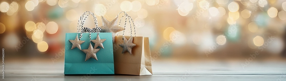 Two festive gift bags with glittery star decorations against a warm, bokeh-lit background.