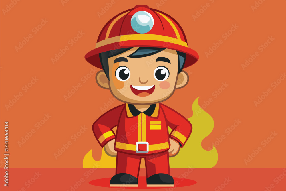 A friendly cartoon firefighter stands confidently with hands on hips, surrounded by playful flames, promoting fire safety and bravery for children and families. A friendly cartoon firefighter stands confidently with hands on hips, surrounded by playful flames, promoting fire safety and bravery for children and families.