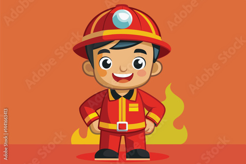 A friendly cartoon firefighter stands confidently with hands on hips, surrounded by playful flames, promoting fire safety and bravery for children and families.