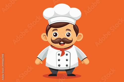 A friendly cartoon chef stands smiling with a mustache, wearing a white chef's coat and hat. The vibrant orange backdrop enhances the character's joyful expression.