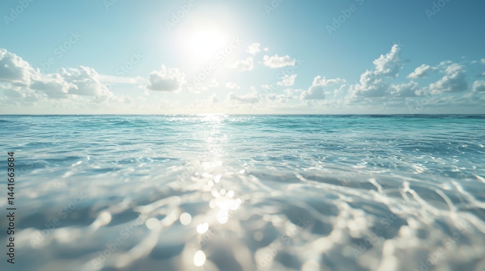 Bright sun shines over a calm, clear ocean with gentle waves and scattered clouds in a serene blue sky.