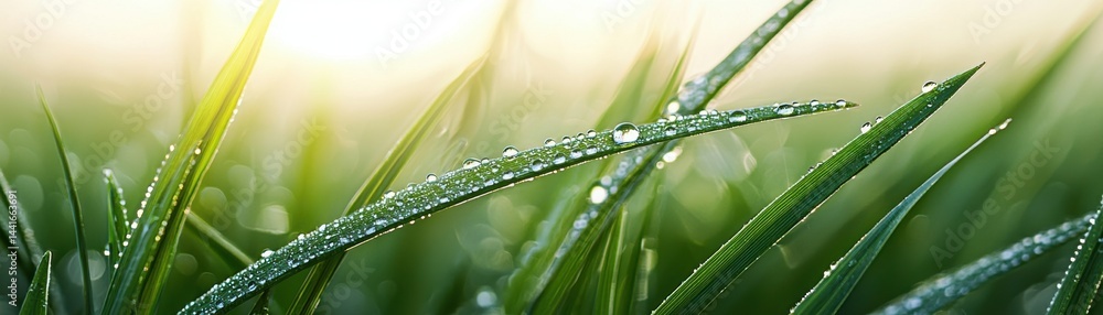 Fresh green grass blades with morning dew drops glistening in soft sunlight.