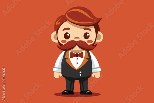 A playful cartoon character stands confidently, wearing a black tuxedo with an orange vest and bow tie, featuring a quirky mustache and a friendly expression.