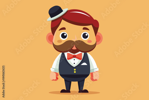 A cheerful cartoon character dressed in formal attire with a bowtie and hat stands confidently against a bright orange background, adding charm and whimsy.