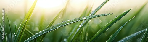 Obraz na płótnie Fresh green grass blades with morning dew drops glistening in soft sunlight. w salonie